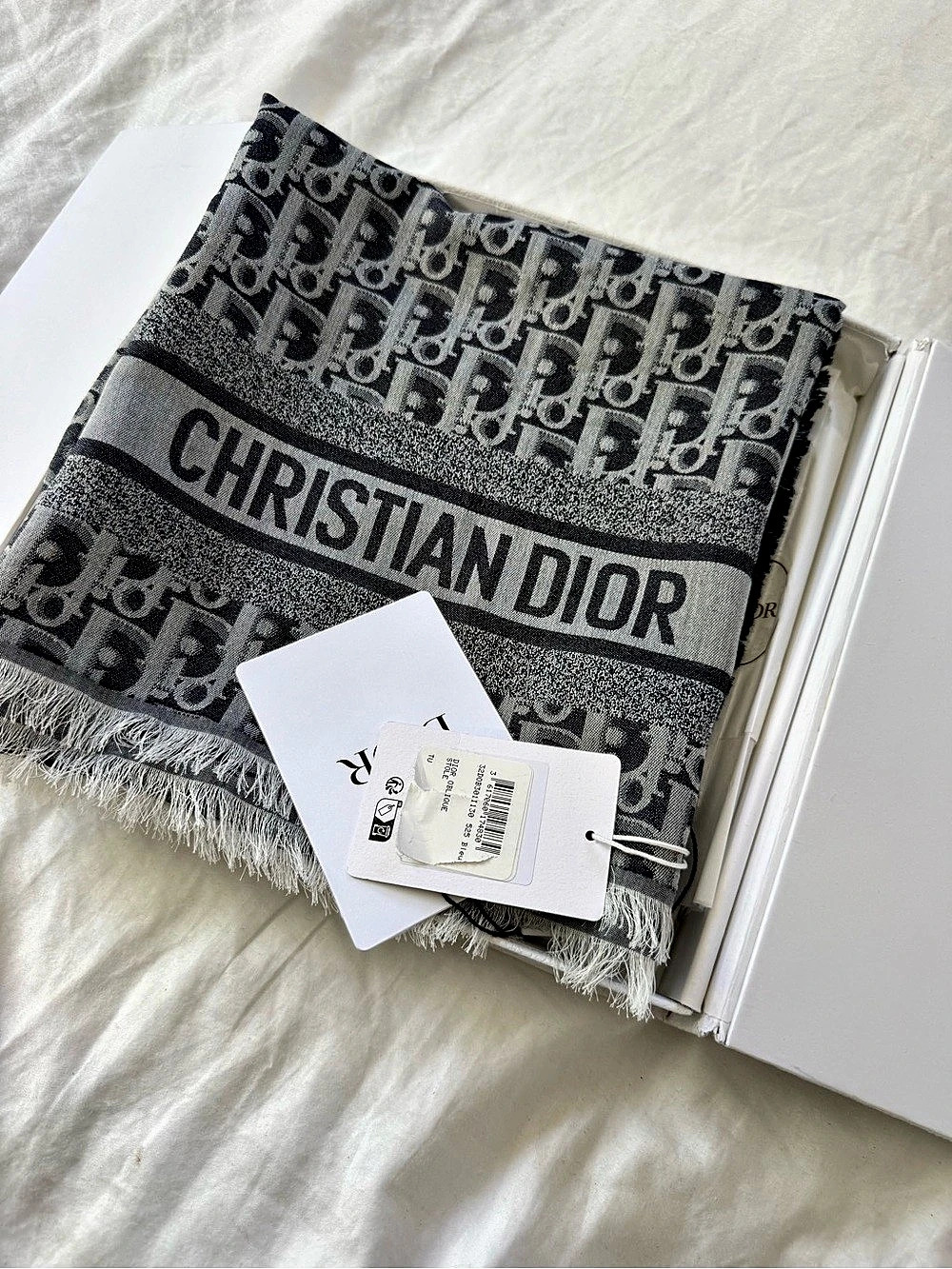 Christian Dior Oblique Stole Gray & Blue Cotton Wool Silk NWT